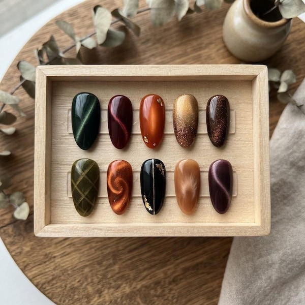 Fall Press On Nails, Handmade Cat Eye Nail Set, Autumn Almond False Nails, Brown Green Burgundy Nails, Elegant Reusable Manicure Gift