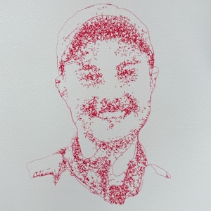 May include: A portrait illustration created with red ink on a white background. The image depicts a person wearing a cap, rendered using a dense collection of small, scribbled red lines that form the facial features, hair, and clothing details.
