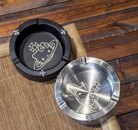 LIQUIDATIONS Heart Chrome Vivienne x Hello Kitty Metal Ashtray - Luxury Streetwear Cigarette Tray - Silver or Black