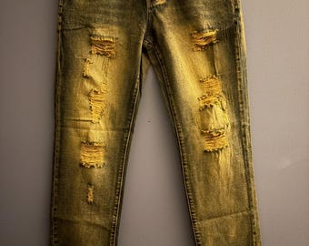 Jeans de pierna recta rasgados personalizados con lavado ácido / Grunge/alternativo/Y2K / 32x30