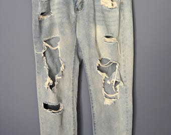 Vaqueros desgastados de lavado claro / Denim unisex estilo Y2K / Talla 34x40 Largo