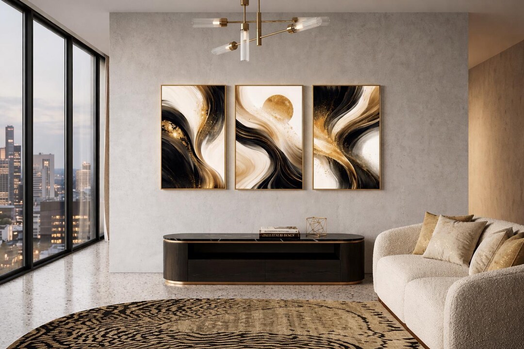 Black Gold Abstract Wall Art Set of 3, Modern Minimalist Printable Art ...