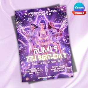 May include: A purple birthday party invitation with three animated figures holding sparklers and a cake. The invitation reads "Rumi's 7th Birthday" with event details and the text "No more hiding I'll be shining like I'm born to be."