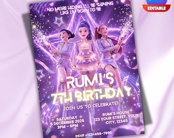 Kpop Demon Hunters Birthday Invitation Template | Editable Canva Template | Kpop Anime Invite | Digital Download | Printable Card for Kids