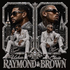 May include: A black graphic print featuring two men in sparkling suits, one labeled Usher Raymond and the other Chris Brown. The design includes city skylines, ornate diamond-like frames, and the text Raymond & Brown in a metallic font style.