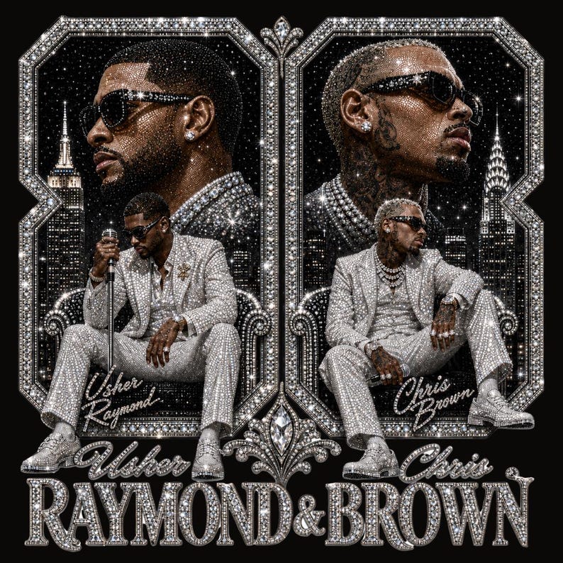May include: A black graphic print featuring two men in sparkling suits, one labeled Usher Raymond and the other Chris Brown. The design includes city skylines, ornate diamond-like frames, and the text Raymond & Brown in a metallic font style.