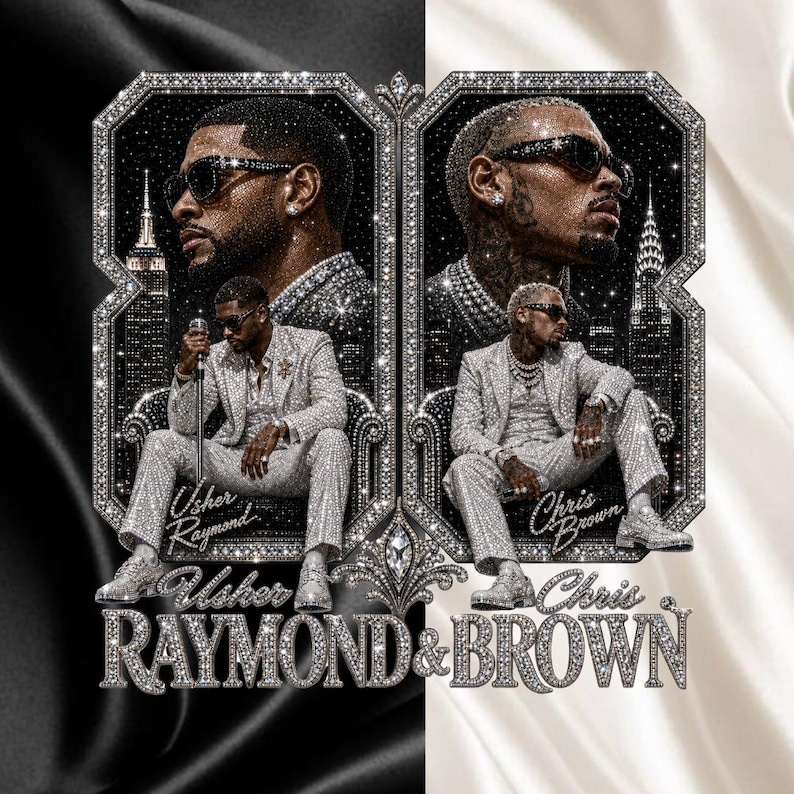 May include: A graphic print featuring two men in sparkling suits, each seated in an ornate chair against a city skyline. The text reads Usher Raymond and Chris Brown. The design is framed by diamond-like borders on a split black and white background.