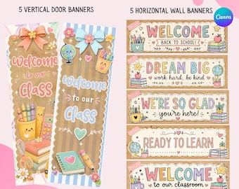 May include: A set of printable classroom banners featuring five vertical door designs and five horizontal wall designs. The graphics include school supplies like books, globes, and pencils with pastel colors and the text "Welcome to our Class" and "Ready to Learn". The banners are fully editable in Canva and measure 2 inches by 6 inches.