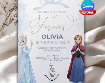 May include: A light blue and white invitation with the text "For the first time in Forever" and "Olivia is turning four!" Features illustrations of Elsa, Anna, and Olaf from Frozen. The Canva logo is visible.