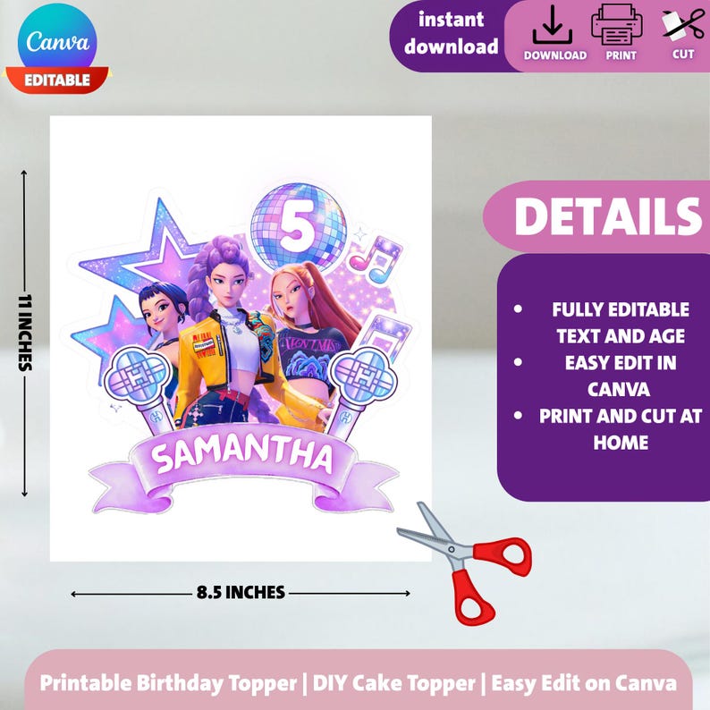 Może przedstawiać: Drukowany topper na tort urodzinowy z trzema postaciami z kresk&oacute;wek, kulą dyskotekową i nutami. Projekt zawiera imię "SAMANTHA" i liczbę "5". Topper ma 21,59 cm szerokości i 27,94 cm wysokości.