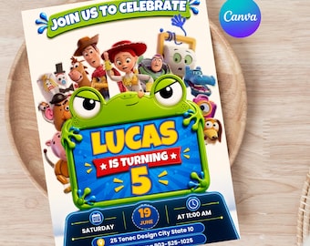 May include: A birthday invitation card featuring Toy Story characters and a green frog frame. The text reads JOIN US TO CELEBRATE, LUCAS IS TURNING 5, SATURDAY 19 JUNE AT 11:00 AM, 25 Tenec Design City State 10, and RSVP to Emma 903-525-1025.