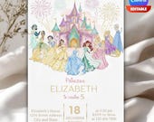 Watercolor Princess Birthday Invitation, Editable Girls Party Invite, Princess Party Invitation, Gold Pastel, Printable Template