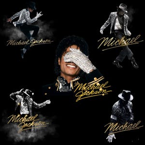 May include: A collage featuring multiple images of Michael Jackson in various poses. He is wearing a silver sequined jacket, black pants, and a fedora in some images. The text "Michael Jackson" is written in gold script.