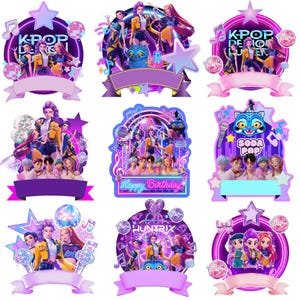 Pode incluir: Uma coleção de topos de bolo com tema K-Pop em cores neon vibrantes. Cada topo apresenta um grupo de figuras estilizadas, notas musicais, bolas de discoteca e estrelas. Alguns topos incluem texto como "K-Pop Design", "Happy Birthday" e "Soda Pop".