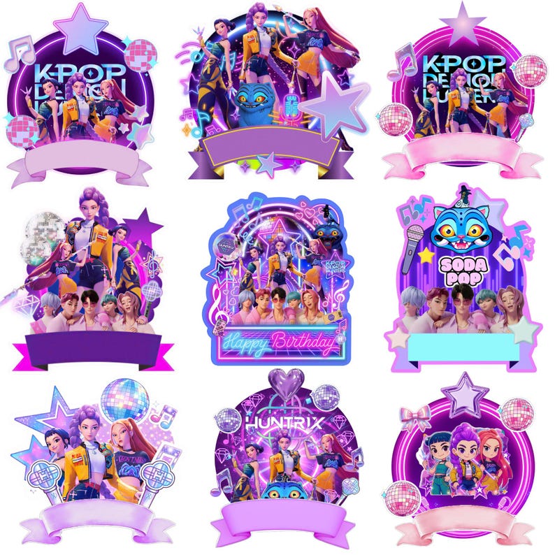 Może przedstawiać: Kolekcja topper&oacute;w na torty w stylu K-Pop w żywych neonowych kolorach. Każdy topper przedstawia grupę stylizowanych postaci, nuty muzyczne, kule dyskotekowe i gwiazdy. Niekt&oacute;re toppery zawierają tekst, np. "K-Pop Design", "Happy Birthday" i "Soda Pop".