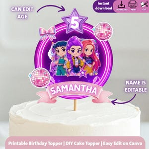 Może przedstawiać: Fioletowo-r&oacute;żowy topper na tort urodzinowy z trzema postaciami z kresk&oacute;wek w neonowym okręgu. Topper zawiera imię "SAMANTHA" i cyfrę "5". Tekst na topperze m&oacute;wi "CAN EDIT AGE" i "NAME IS EDITABLE".
