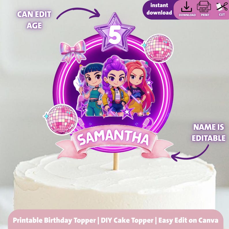 Może przedstawiać: Fioletowo-r&oacute;żowy topper na tort urodzinowy z trzema postaciami z kresk&oacute;wek w neonowym okręgu. Topper zawiera imię "SAMANTHA" i cyfrę "5". Tekst na topperze m&oacute;wi "CAN EDIT AGE" i "NAME IS EDITABLE".