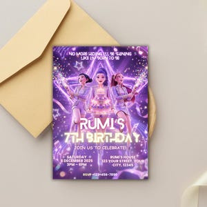 Mall för födelsedagsinbjudningar till Kpop Demon Hunters | Redigerbar Canvas-mall | Kpop Anime-inbjudan | Digital nedladdning | Utskrivbart kort för barn bild 3