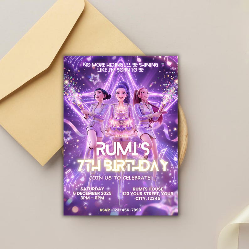 Mall för födelsedagsinbjudningar till Kpop Demon Hunters | Redigerbar Canvas-mall | Kpop Anime-inbjudan | Digital nedladdning | Utskrivbart kort för barn bild 3