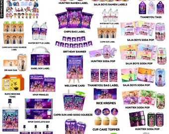 Kpop Demon Hunters Bundle Invito GoGo Squeez Caprisun Juice Label Etichetta per tazza di ramen Lattina di soda Toppers per cupcake Banner per festa di compleanno Vip