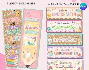 May include: A set of printable banners featuring five vertical door designs and five horizontal wall banners with school-themed graphics. The text includes phrases like Every day is a fresh start, Welcome to our Happy Place, and Welcome to Kindergarten.