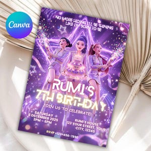 Mall för födelsedagsinbjudningar till Kpop Demon Hunters | Redigerbar Canvas-mall | Kpop Anime-inbjudan | Digital nedladdning | Utskrivbart kort för barn bild 5