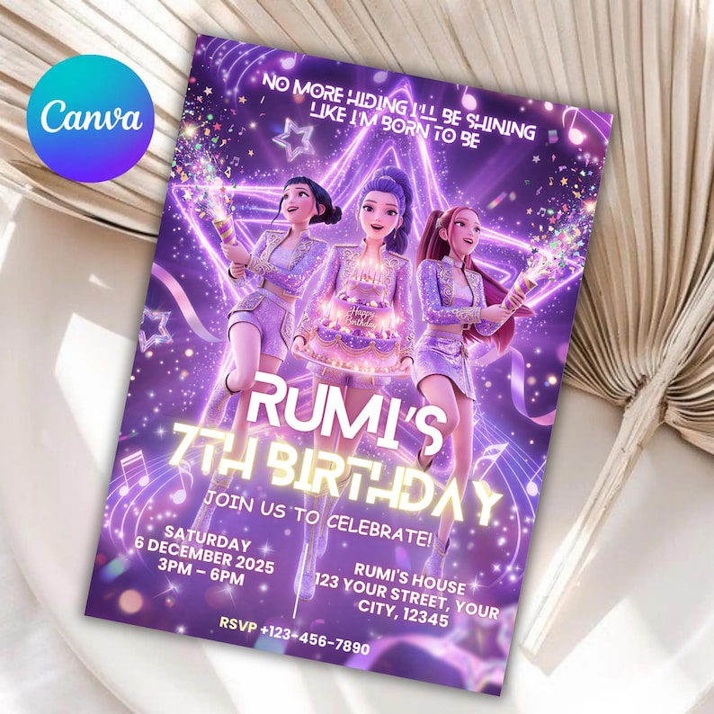 Mall för födelsedagsinbjudningar till Kpop Demon Hunters | Redigerbar Canvas-mall | Kpop Anime-inbjudan | Digital nedladdning | Utskrivbart kort för barn bild 5