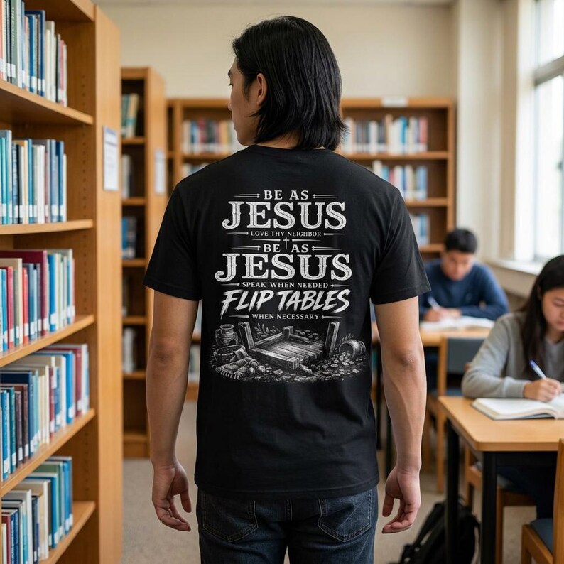 Sei wie Jesus Flip Tables T-Shirt, mutiges christliches Streetwear-T-Shirt, stückgefärbte Komfortfarben, Glaubensgeschenk für Männer, religiöses Kleid Bild 1