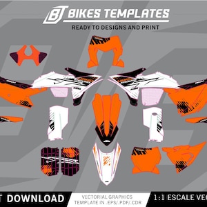 Puede incluir: Un conjunto de plantillas digitales de calcomanías para motocicleta en naranja, blanco y negro. El gráfico incluye varios paneles con la marca KTM, texto Urban Enduro y patrones abstractos. Arriba muestra BT BIKES TEMPLATES READY TO DESIGNS AND PRINT.