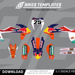 Op de afbeelding: Een set motorfiets grafische stickers met het nummer 25, Red Bull branding en diverse sponsorlogo's waaronder KTM, Dunlop en Motorex. Het ontwerp bevat witte, rode, blauwe en oranje elementen voor de carrosseriepanelen van de motor.
