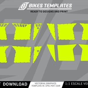 Puede incluir: Plantilla de diseño gráfico para bicicletas en color verde neón. La plantilla incluye varias formas y tamaños, con el texto "BIKES TEMPLATES" y "READY TO DESIGNS AND PRINT". También se ven las palabras "INSTANT DOWNLOAD" y "1:1 ESCALE VECTOR FORMAT".