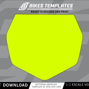 Pode incluir: Uma forma geométrica amarelo néon sobre um fundo cinzento. O texto "BIKES TEMPLATES" e "READY TO DESIGNS AND PRINT" estão no topo. As palavras "INSTANT DOWNLOAD" e "1:1 ESCALE VECTOR FORMAT" estão na parte inferior.