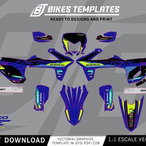 Könnte beinhalten: Ein Set aus blauen, schwarzen und neongelben Motorrad-Grafikaufklebern mit dem Text "BIKES TEMPLATES," "SHERCO," "FACTORY," und "KENNY." Das Design umfasst verschiedene Aufkleberformen für Motorradverkleidungen, einschließlich einer Scheinwerfermaske und Seitenverkleidungen, präsentiert als digitale Vektorvorlage zum Drucken.