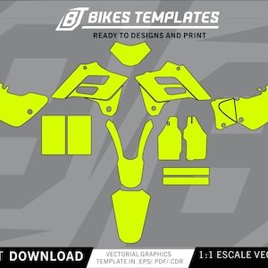Puede incluir: Una plantilla de gráficos de motocicleta de color amarillo neón, lista para imprimir, sobre un fondo gris. La plantilla incluye varias formas para diferentes partes de la moto. El texto en la parte inferior dice "DESCARGA INSTANTÁNEA" y "1:1 ESCALA VECTOR FORMAT".