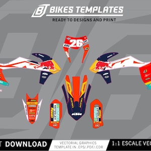 Könnte beinhalten: Ein Set aus orangefarbenen, weißen und blauen Motorrad-Grafikaufklebern mit der Nummer 26, Red Bull-Logos und verschiedenen Sponsoren-Brandings wie DHL, Motorex und KTM. Das Design enthält Vorlagen für Seitenverkleidungen, Kotflügel und Gabelprotektoren.