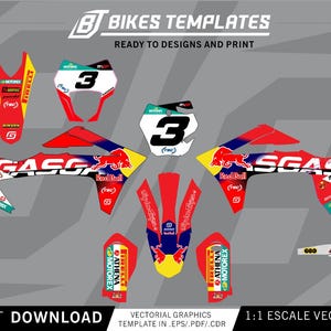 Könnte beinhalten: Ein Set aus rot-weiß-blauen Motorrad-Grafikaufklebern mit dem Text "GASGAS" und "Red Bull" sowie der prominent platzierten Nummer "3". Das Design enthält verschiedene Sponsorenlogos wie Pirelli, Motorex und Athena auf mehreren geformten Aufklebern.