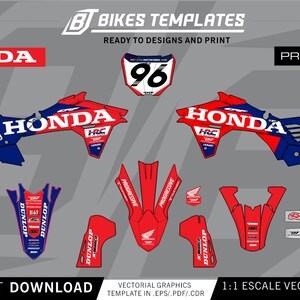 Könnte beinhalten: Ein Set aus rot-weiß-blauen Honda Motocross-Aufklebern mit der Nummer 96 sowie Dunlop-, HRC- und Progressive-Logos. Das Design umfasst verschiedene Aufkleber für die Karosserieteile, ein vorderes Nummernschild und Pro Motocross-Branding.