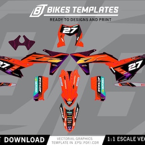 Peut inclure: Un ensemble d'autocollants graphiques pour moto orange, noir et violet avec le numéro 27, incluant le texte BT BIKES TEMPLATES, READY TO DESIGNS AND PRINT, INSTANT DOWNLOAD, et les logos Dunlop, Motorex et DID sur un fond gris.