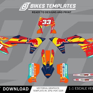 Könnte beinhalten: Ein Set aus roten, gelben und blauen Motorrad-Grafikaufklebern mit der Nummer 33, Red Bull-Logos und verschiedenen Sponsoren-Schriftzügen wie DHL, Airoh und Metzeler. Das Design umfasst mehrere geformte Aufkleber für Motorradverkleidungen.