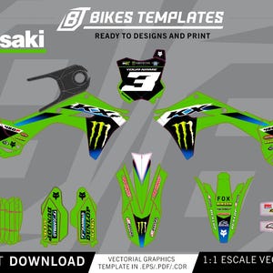 Può includere: Un set di adesivi grafici per moto Kawasaki KX verdi e neri con il numero 3, loghi Monster Energy e vari marchi di sponsor. Il design include modelli per pannelli laterali, parafanghi e protezioni forcella con testo.