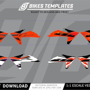 Könnte beinhalten: Eine digitale Grafikvorlage für Motorradverkleidungen mit vier Sätzen von KTM-Aufklebern in Orange, Weiß und Schwarz. Das Layout enthält den Text BIKES TEMPLATES, READY TO DESIGNS AND PRINT, INSTANT DOWNLOAD und 1:1 ESCALE VECTOR FORMAT.