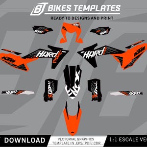 Könnte beinhalten: Ein Set aus orangefarbenen, schwarzen und weißen Motorrad-Aufklebern mit dem Text "HARD" und "KTM"-Logos. Das Design umfasst verschiedene Aufkleberformen für Motorradverkleidungen auf grauem Hintergrund mit dem Text "BT BIKES TEMPLATES".