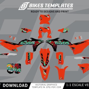 Könnte beinhalten: Ein Set aus orangefarbenen und schwarzen Motorrad-Grafikaufklebern mit dem Text 6DAYS. Das Design umfasst verschiedene Aufkleberformen für Motorradverkleidungen mit türkisfarbenen und schwarzen Akzenten, präsentiert als digitale Druckvorlage.