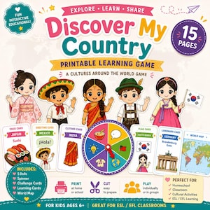 Pode incluir: Um jogo educativo imprimível intitulado Discover My Country com ilustrações de crianças em trajes tradicionais de várias nações, uma roleta de jogo colorida e cartões educativos que mostram sushi, bandeiras, marcos e um mapa-múndi.