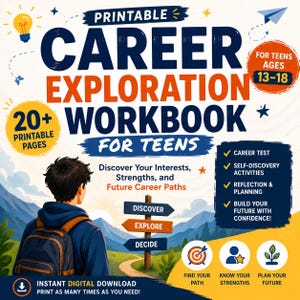 Op de afbeelding: Een digitale werkmap getiteld "Career Exploration Workbook for Teens" met een persoon die naar een pad kijkt. De omslag bevat tekst over carrièretests, zelfontdekking en planning. Voor tieners van 13-18 jaar.