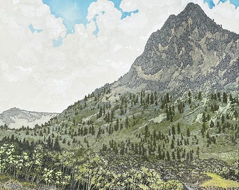 WANDER, Mountain Trail, High Sierra, East Side, Inyo JMT, PCT, Wilderness California Linocut Relief Print, Limited Edition Fine Art