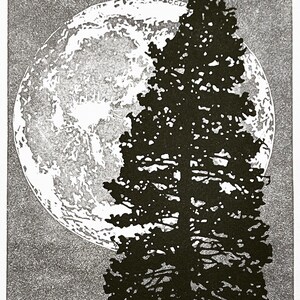 PONDEROSA MOON, Linocut Relief Print, Inktober 2021, Native Flora of California, Wall Art, Full Moon Tree Silhouette in the Night Sky