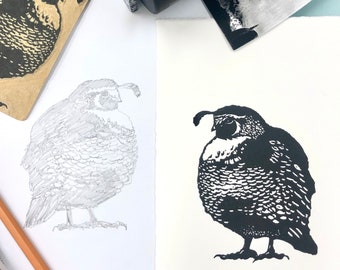 BULKY Inktober Linocut Mini, Bulky CA Quail 3x4 inch mini linocut relief print - A portion of each sale goes to Creek Fire Recovery Efforts