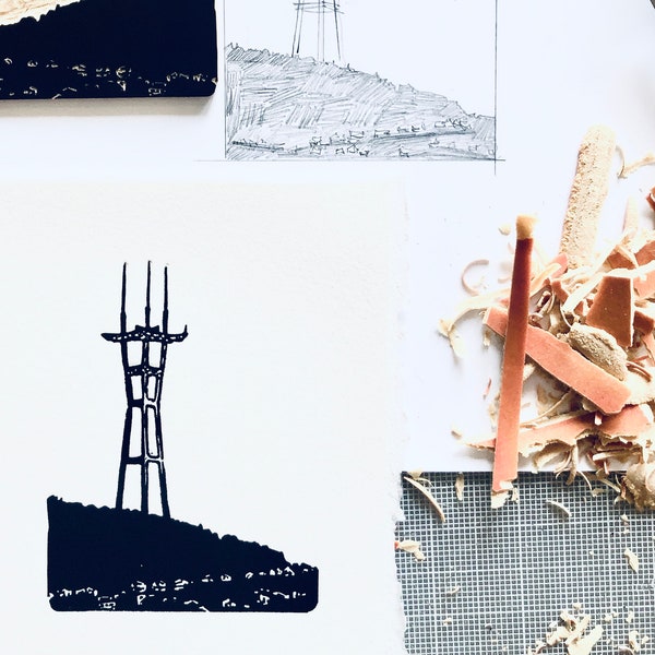 RADIO Inktober Lino Mini, Sutro Radio Tower 3x4 inch mini linocut relief print - A portion of each sale goes to Creek Fire Recovery Efforts