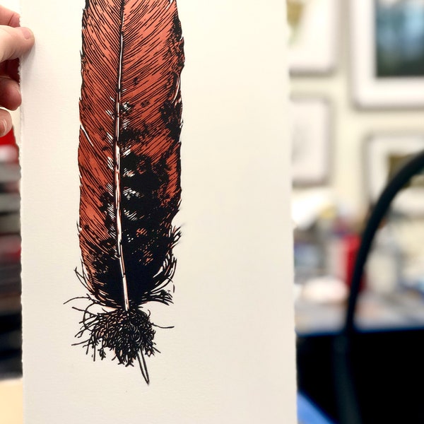 RED TAIL FEATHER, Original Fine Art Linocut Relief Print Hand-carved - pulled red tail hawk feather, bird art